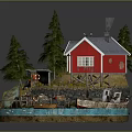 Old Wooden Boat And Small Rowboat Near Red House By Waterfront With Green Trees