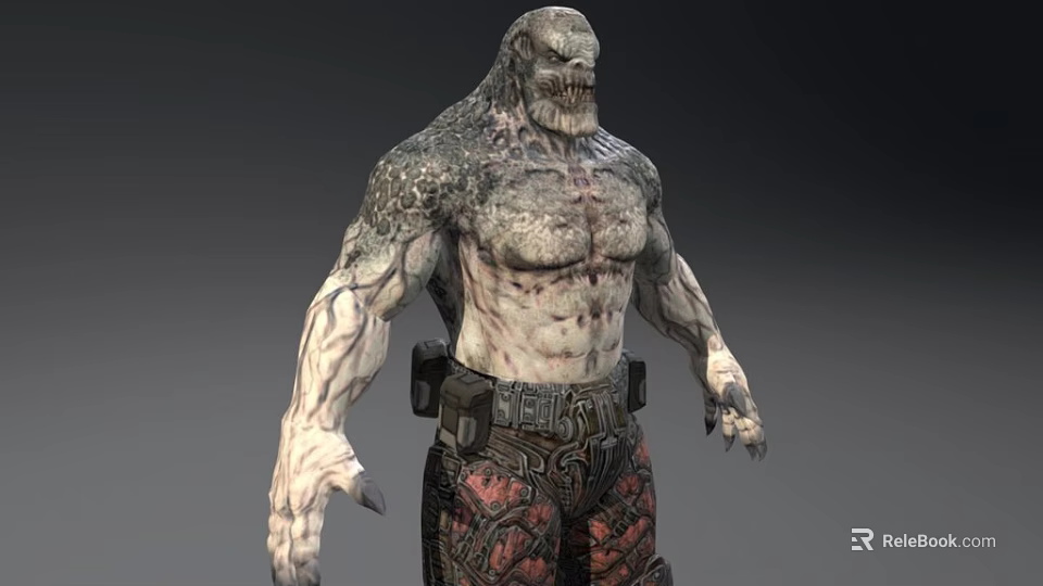 Muscular Game Movie Character With Textured Skin Menacing Face Claws Utility Belt And Patterned Pants 3d model 