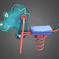 Kids Turquoise Wooden Spring Rider With Smiling Face Red Metal Frame And Blue Seat
