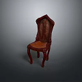 Vintage Carved Single Chair With High Wooden Backrest And Leather Upholstered Seat