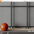 Black Metal Grid Architectural Component With Basketball On Wooden Floor
