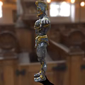 Muscular Game And Movie Character With Golden Decorated Armor And Helmet In Temple Hall