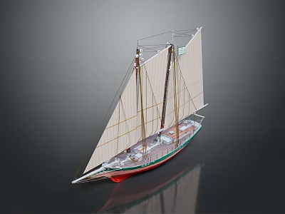 Detailed Sailboat Model With Two Masts White Sails Green And Red Hull On Reflective Surface 3d model