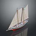 Detailed Sailboat Model With Two Masts White Sails Green And Red Hull On Reflective Surface