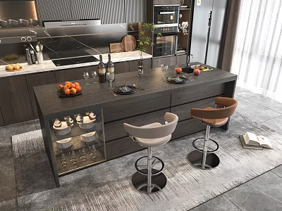 Modern Bar Counter With Dark Surface Fruits Wine Glasses Plates And Two High Stools 3d model