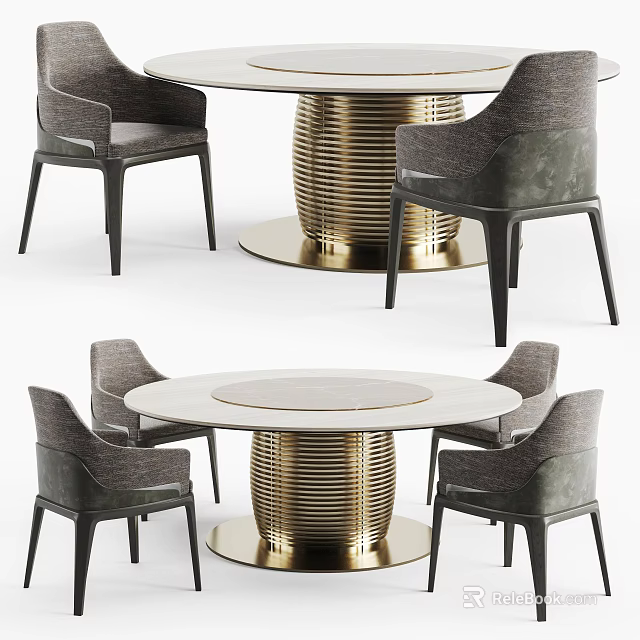 Modern Round Dining Table Set With Gold Metal Base And Gray Upholstered Chairs 3d model