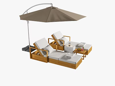 Outdoor Sofa With Wooden Frame White Cushions And Umbrella Chaise Lounge Side Table 3d model