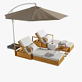 Outdoor Sofa With Wooden Frame White Cushions And Umbrella Chaise Lounge Side Table