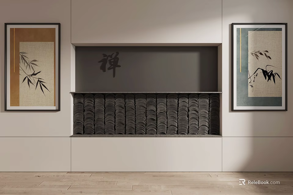 Zen Themed Interior Decor With Chinese Wall Art And Wave Pattern Niche 3d model 