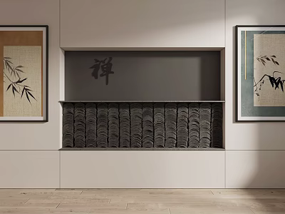 Zen Themed Interior Decor With Chinese Wall Art And Wave Pattern Niche 3d model