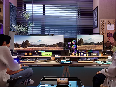 Entertainment Room Interior Featuring Dual Monitors People Gaming Gear Plants And Blinds 3d model