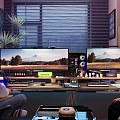 Entertainment Room Interior Featuring Dual Monitors People Gaming Gear Plants And Blinds