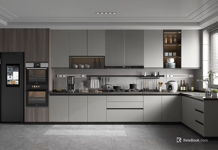 Modern Kitchen Interior Design With Gray Cabinets Built-in Appliances And Countertop 3d model 