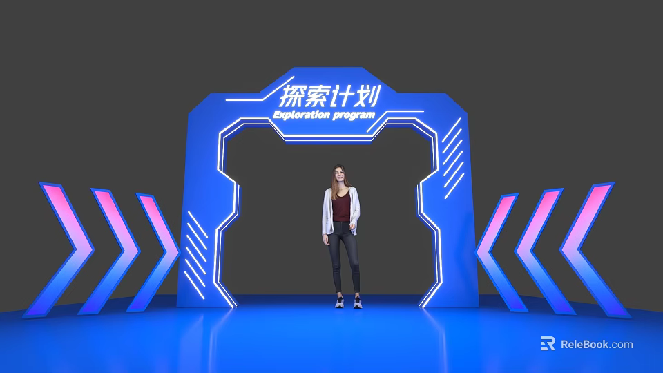 Blue Exploration Program Event Gateway With Neon Lights Arrow Decorations And Person Standing 3d model