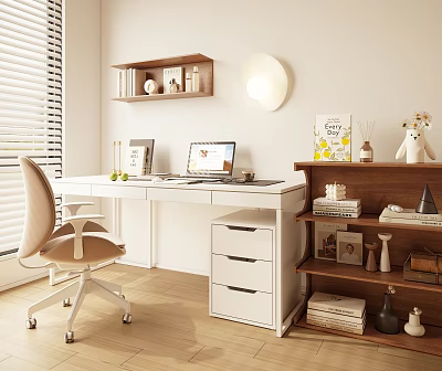 Minimalist Study Room Interior With Beige Chair White Desk Laptop Bookshelf And Blinds 3d model