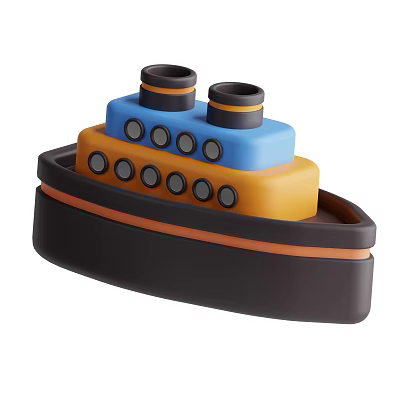 Colorful Toy Ship Featuring Blue Upper Orange Middle Black Bottom Two Chimneys and Round Windows 3d model