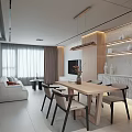 Modern Living Dining Room With White Sofa Round Coffee Table Wooden Accents And Circular Art