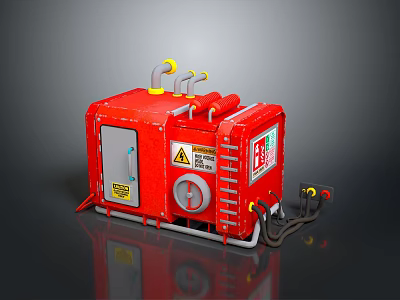 Red Industrial Equipment Machinery Featuring Warning Signs Control Panel And Pipes Structure 3d model