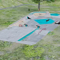 Outdoor Skate Park With Concrete Ramps Blue Areas Grass Trees And Railings