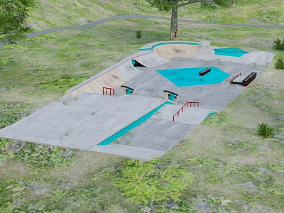 Outdoor Skate Park With Concrete Ramps Blue Areas Grass Trees And Railings 3d model