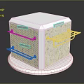 White Hexagonal Equipment Unit With Marble Texture Metal Racks Brown Label Drawers And Circular Base