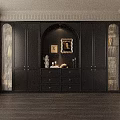 Modern Black Bookcase with Arched Design Glass Doors Drawers and Decorative Items