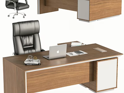 Modern Office Desk With Wooden Surface Laptop Documents And Black Leather Office Chair 3d model