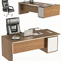 Modern Office Desk With Wooden Surface Laptop Documents And Black Leather Office Chair