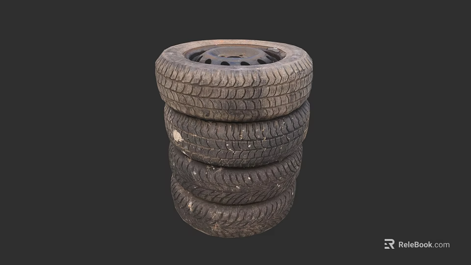 Old Car Tires Stacked Together With Worn Tread And Metal Rims 3d model 