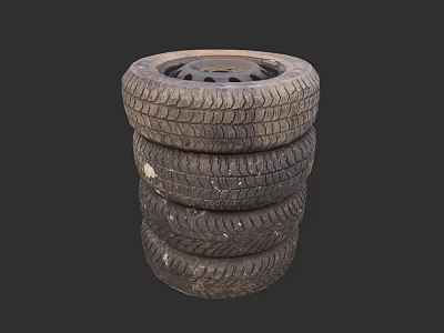Old Car Tires Stacked Together With Worn Tread And Metal Rims 3d model
