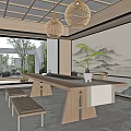 Serene Modern Tea Room With Wooden Ceiling Woven Pendant Lights Long Table And Landscape Painting