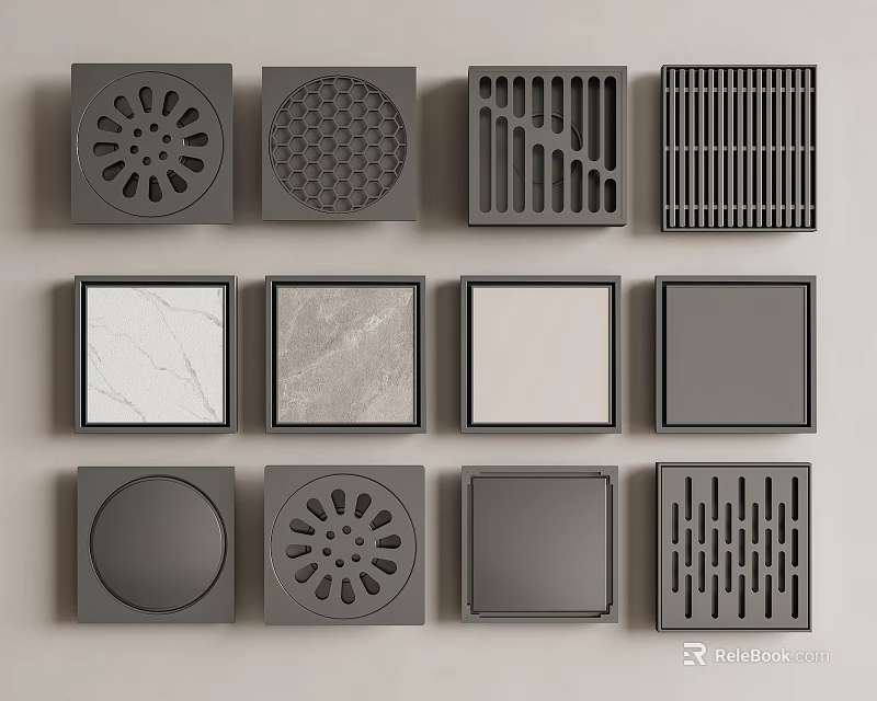 Different Floor Drains And Tiles Design Collection With Various Patterns Displayed On Gray Wall 3d model 