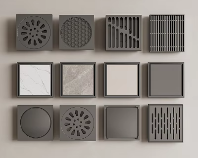 Different Floor Drains And Tiles Design Collection With Various Patterns Displayed On Gray Wall 3d model