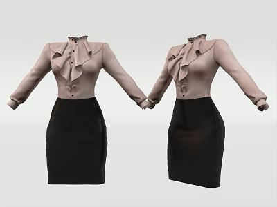 Women's Light Pink Ruffled Blouse With Bow Detail And Black Pencil Skirt 3d model