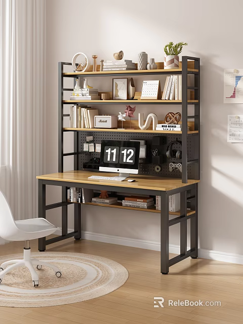 Bright Room Wooden Top Metal Frame Desk With Computer Monitor Books Decorations And White Chair 3d model 