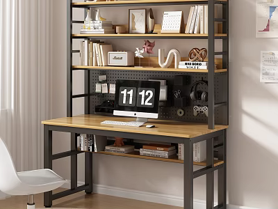 Bright Room Wooden Top Metal Frame Desk With Computer Monitor Books Decorations And White Chair 3d model