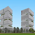Modern Twin Office Towers With Riverfront Green Space And Landscaped Trees