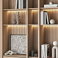 Modern Wooden Bookcase With Layered Shelves Books Built-in Lighting And Decorative Items