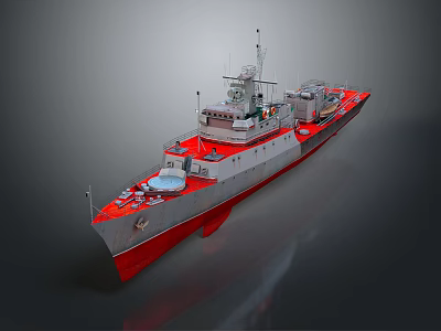 Military Water Transport With Gray Red Hull Upper Deck Radar Gear 3d model