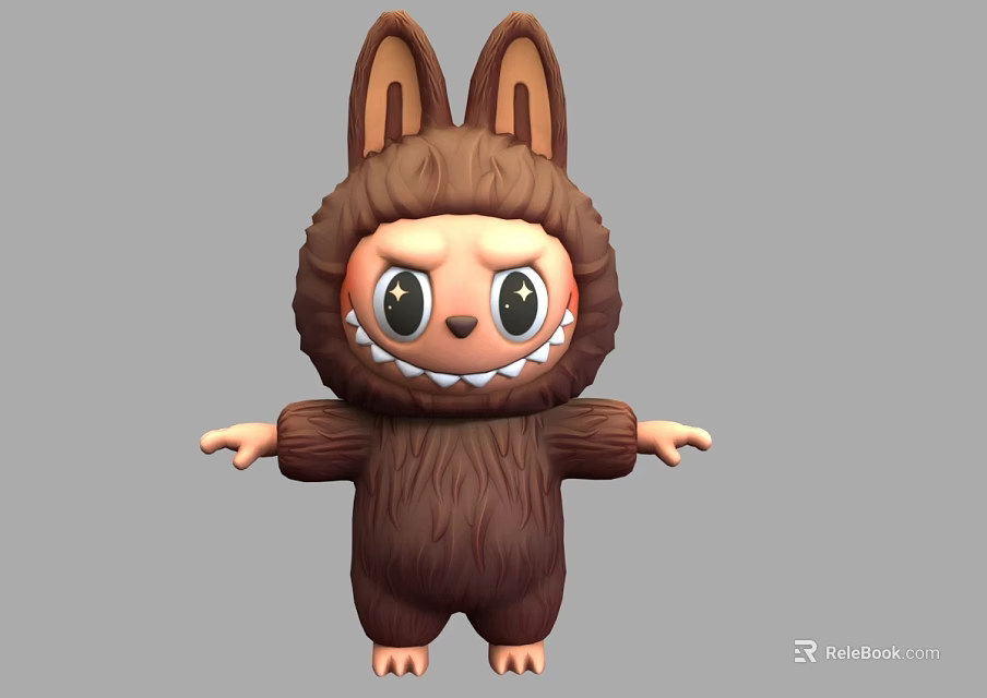 Brown Furry Plush Doll with Rabbit Ears Big Eyes and Toothy Smile 3d model 