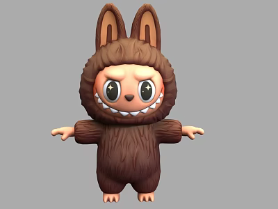Brown Furry Plush Doll with Rabbit Ears Big Eyes and Toothy Smile 3d model