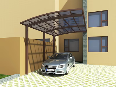 Brown Metal Frame Carport Covering Silver Car in Residential Driveway with Transparent Roof 3d model