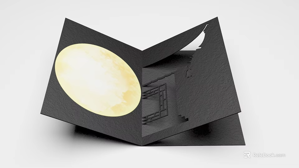 Black 3D Paper Art Decorative Ornament Set With Luminous Moon And Chinese Window Design 3d model 