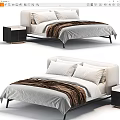 Modern Double Bed With Linen Bedding Pillows Brown Blanket And Black Nightstand