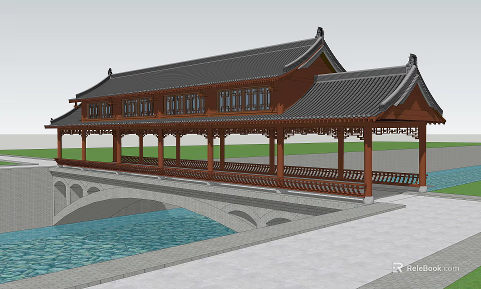 Traditional Chinese Covered Bridge With Wooden Pavilion Roof And Stone Arch Over Water 3d model 