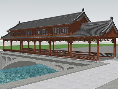 Traditional Chinese Covered Bridge With Wooden Pavilion Roof And Stone Arch Over Water 3d model