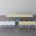 Dining Table and Stool Set with Rectangular Tops Multiple Tables and Blue Purple Wheeled Seats 3d model