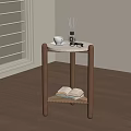 Wooden Side Table With White Tabletop Rattan Shelf And Open Book White Cup Diffuser Eyeglasses 3d model
