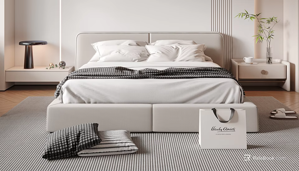 Double Bed with Light Gray Headboard White Pillows Checkered Blanket and Linen Closet Bag 3d model 