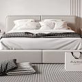 Double Bed with Light Gray Headboard White Pillows Checkered Blanket and Linen Closet Bag